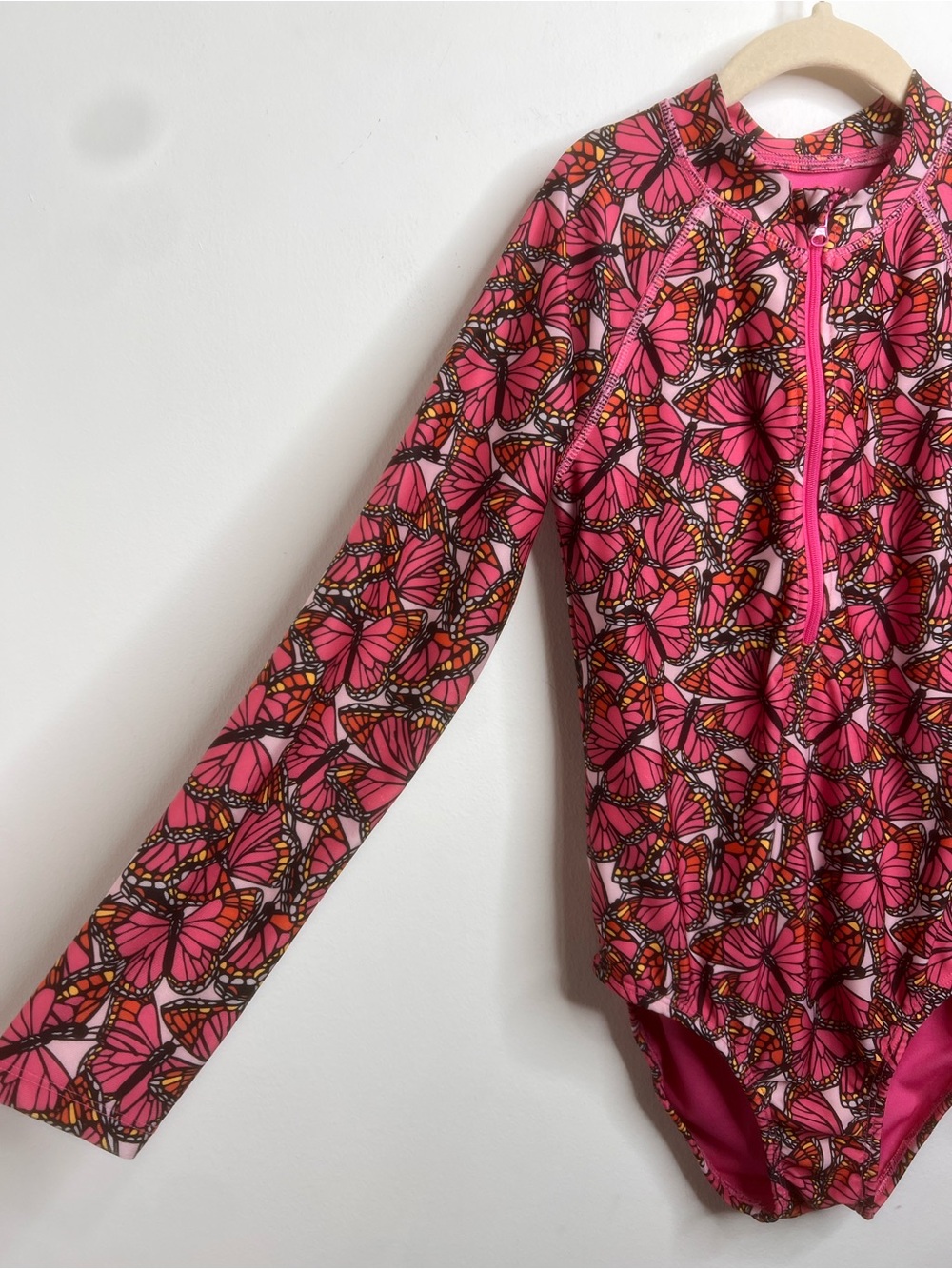 B4 ALL Butterfly Print Long-Sleeve One-Piece Swimsuit with Front Zip Size 10/12